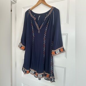 MonoReno Boho Navy Tunic Dress with Orange and White Embroidery
